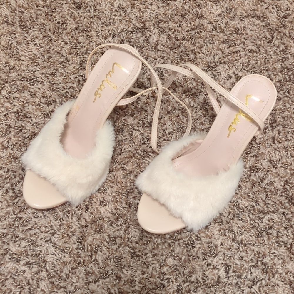 Lulu's Reluca ivory faux fur ankle strap high heel sandals - Picture 5 of 12